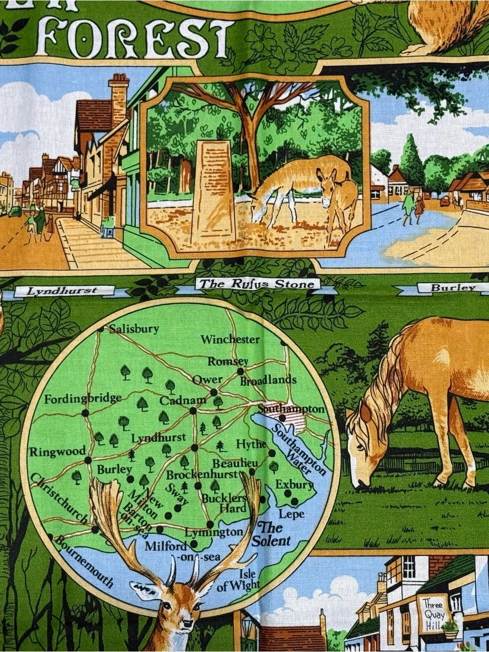 VTG New Forest Souvenir Tea Towel Richlin RL484 Cotton Map Made in UK (NWOT)